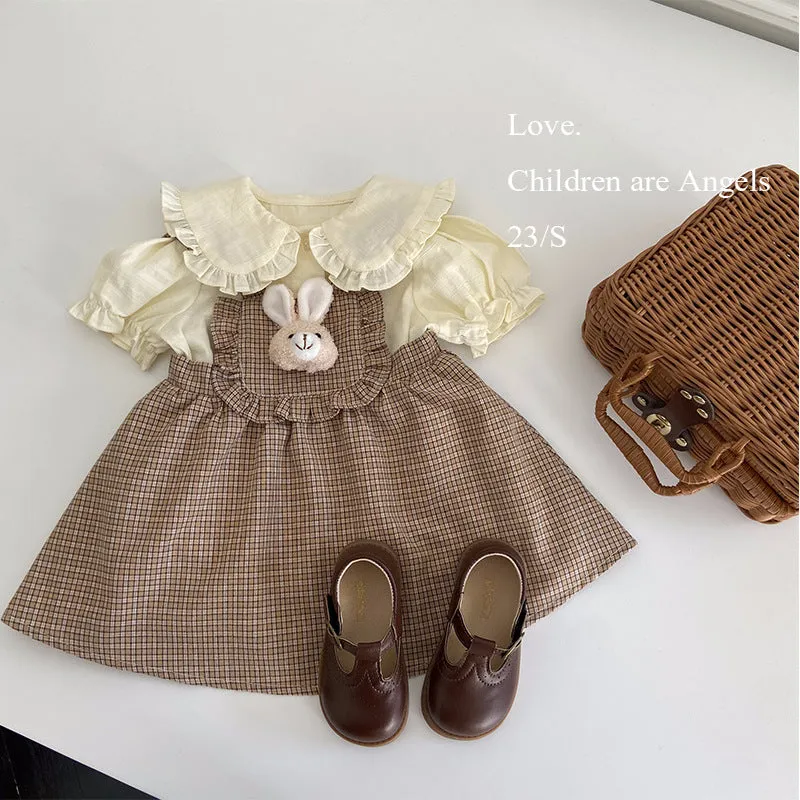 2 Pieces Set Baby Kid Girls Solid Color Tops And Checked Dresses