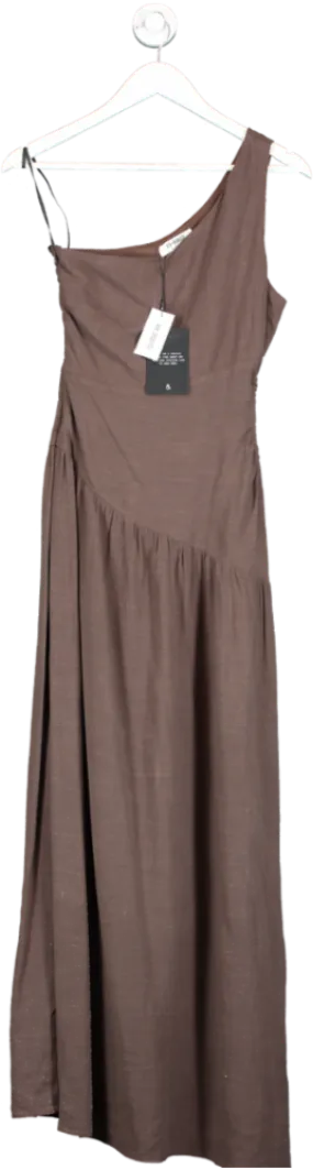 4th & Reckless Brown Clara Linen Mix One Shoulder Side Cut Out Midaxi Dress UK 6