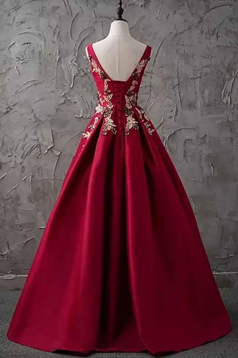 A-Line Bateau Floor-Length Sleeveless Satin Prom Dress/Evening Dress Appliques,JL20024