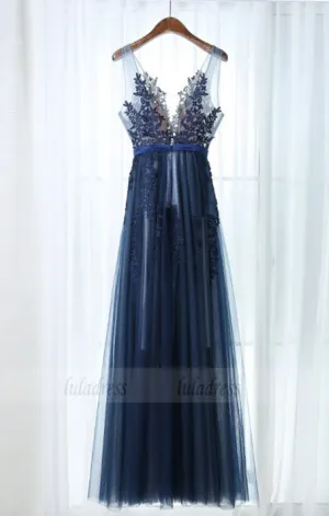 A-Line Scoop Floor-Length Navy Blue Tulle Prom Dress with Sash Appliques,BD98971