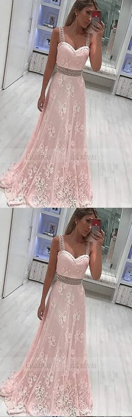 A-Line Scoop Sweep Train Pink Lace Prom Dress with Beading Appliques,BD98642