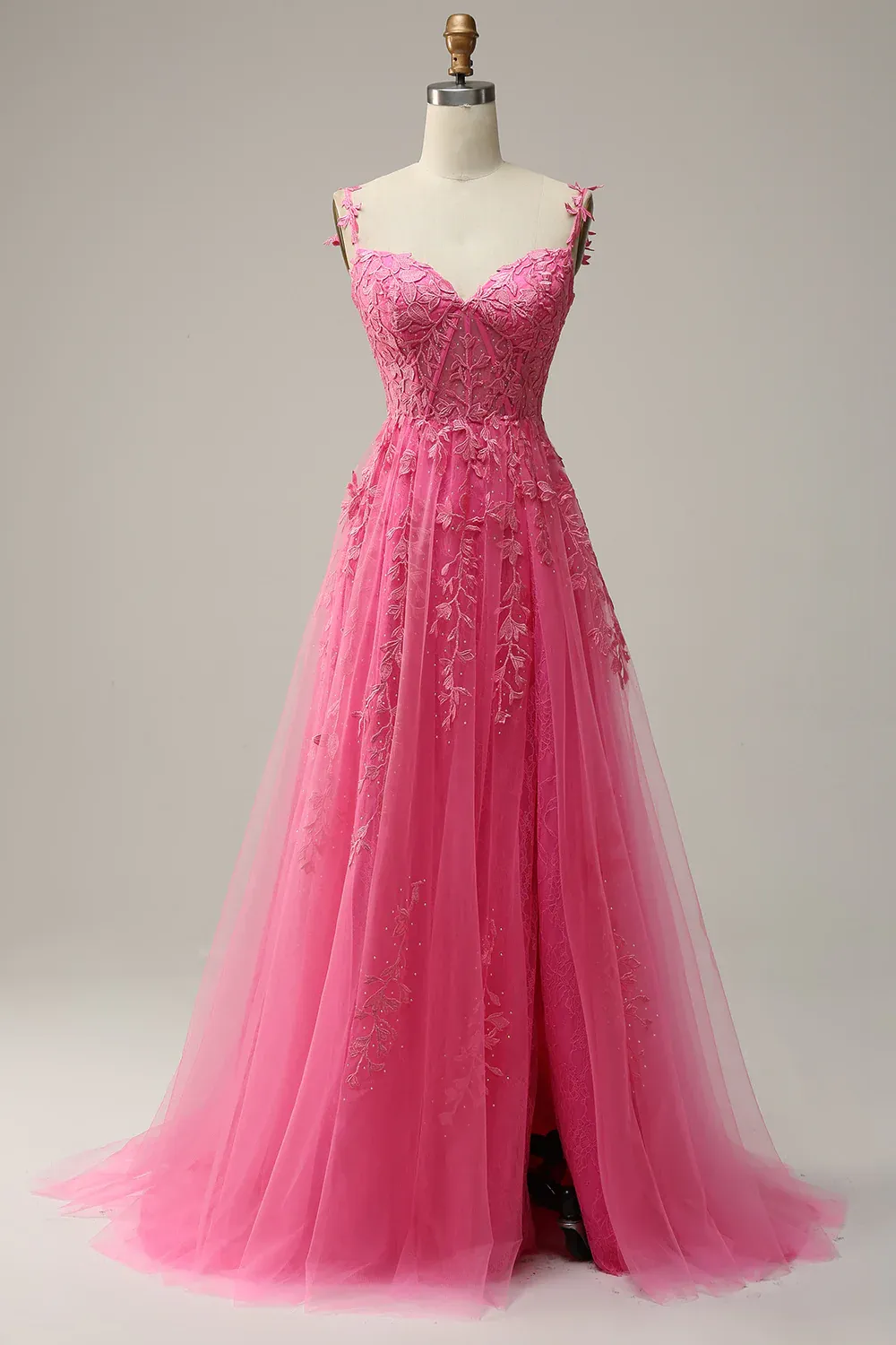 A Line Spaghetti Straps Hot Pink Prom Dress With Appliques Y2800