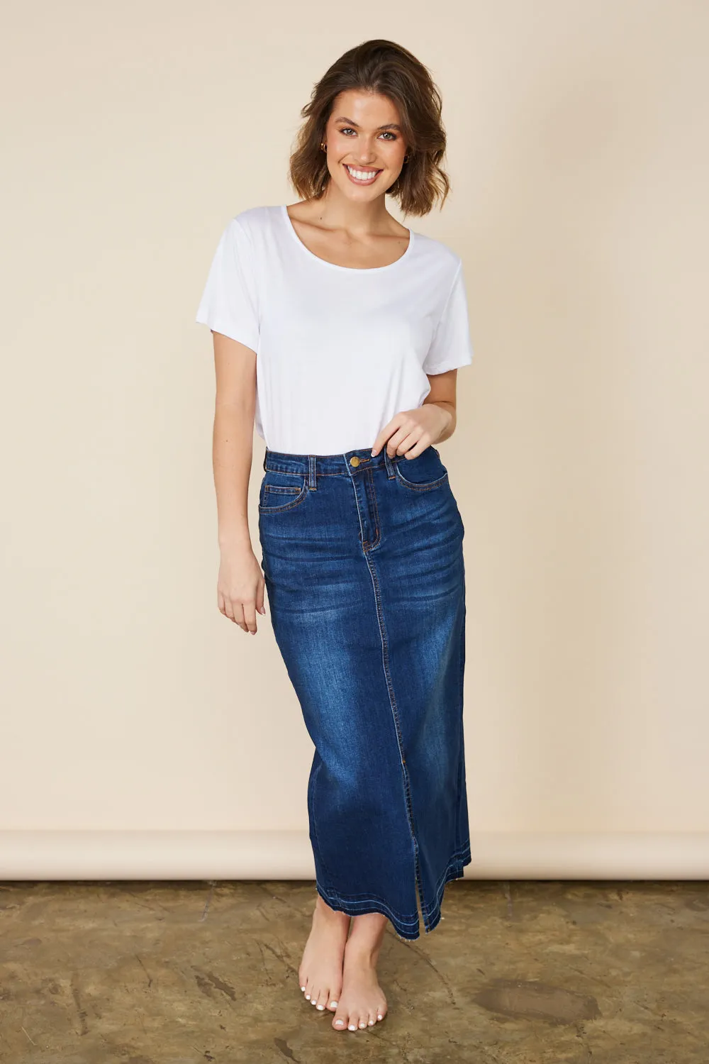 Adrift Denim Long Split Skirt in Mid Wash