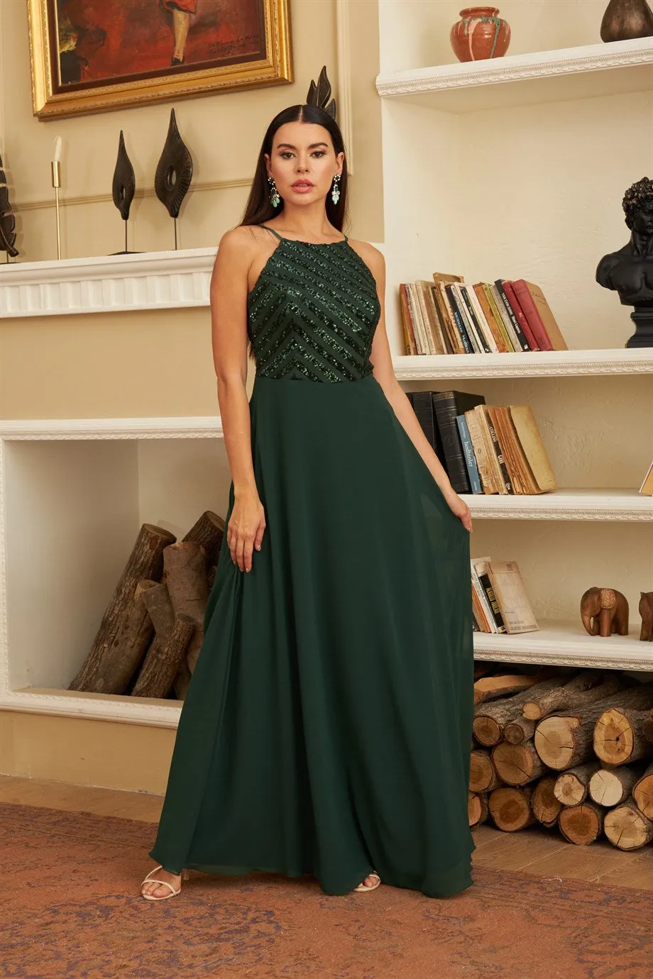 Angelino emerald stamp sequined long evening dress dress