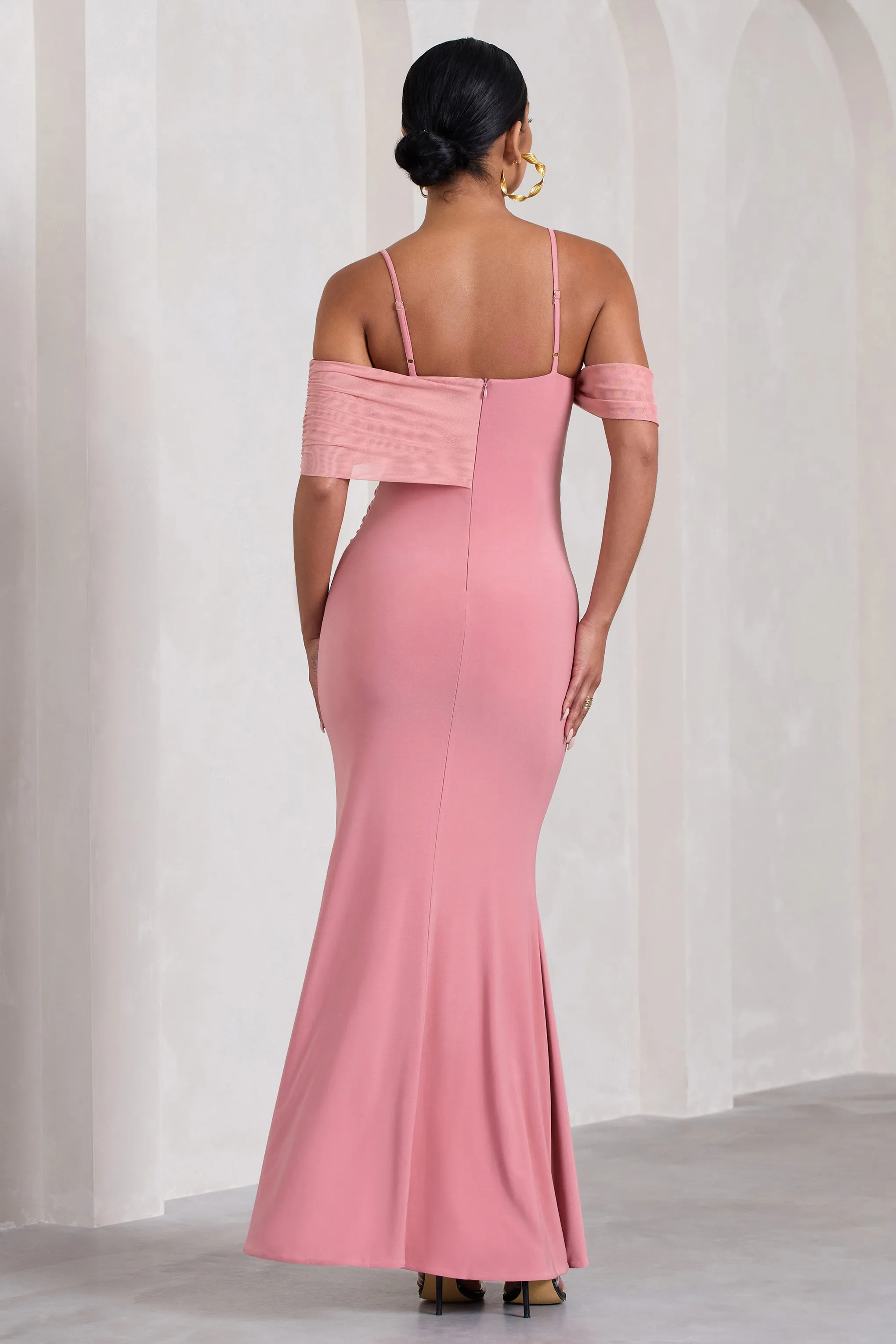 Augusta | Blush Pink Mesh Bardot Strappy Split Maternity Maxi Dress