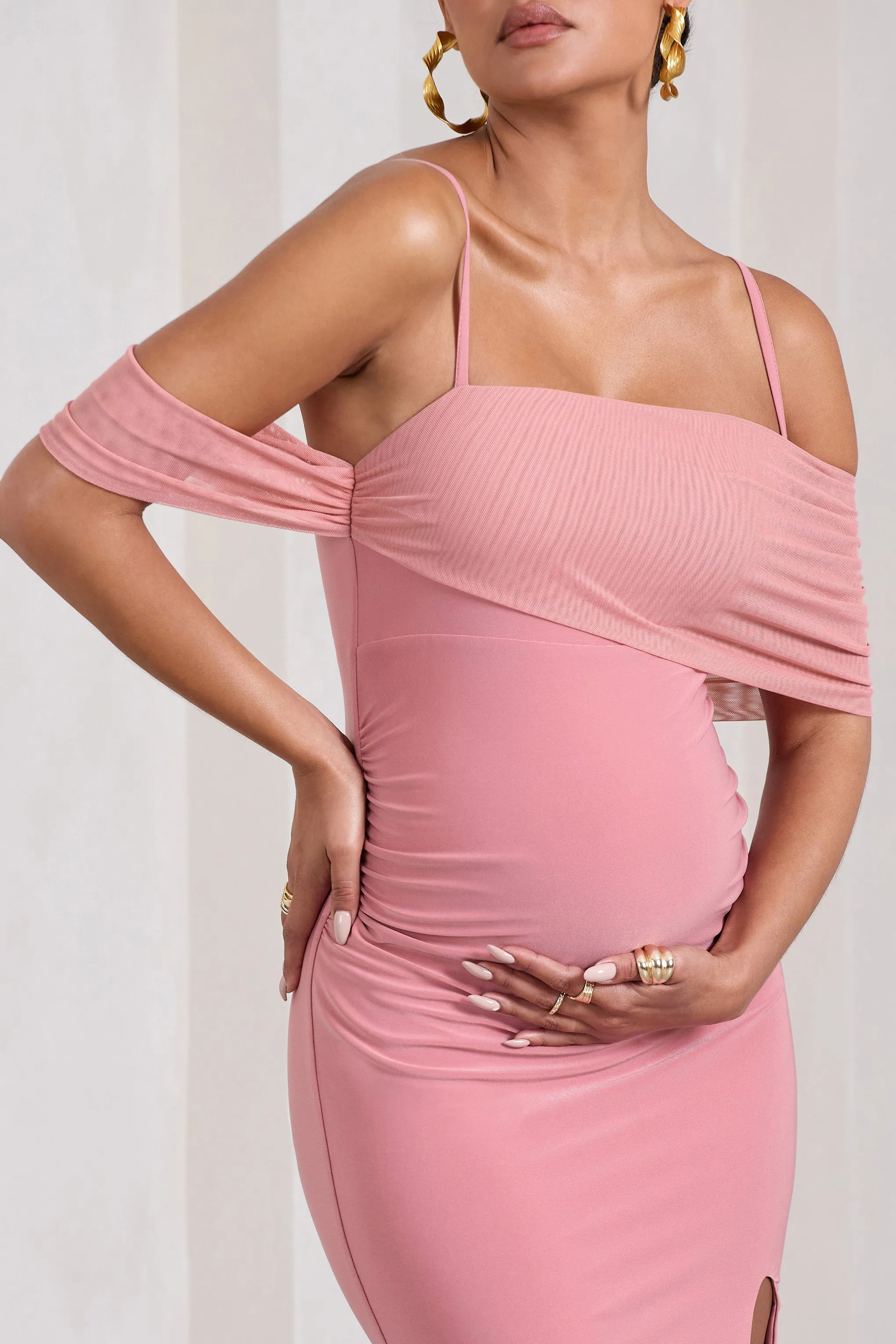 Augusta | Blush Pink Mesh Bardot Strappy Split Maternity Maxi Dress