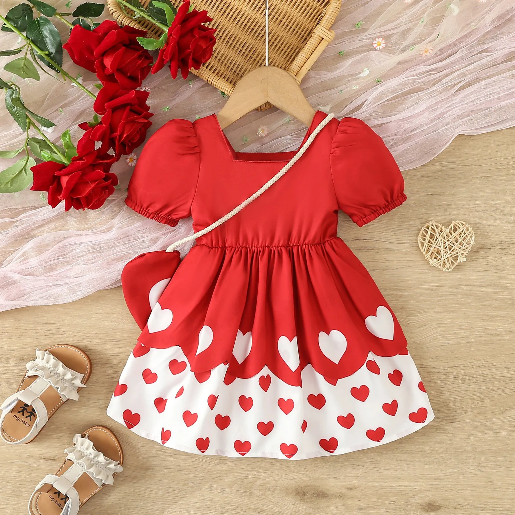 Baby Kid Girls Love heart Bow Print Valentine's Day Dresses Wholesale 24030149