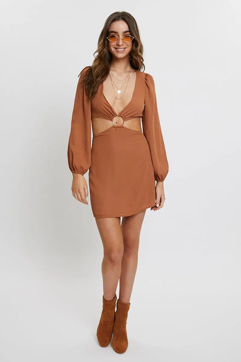 Beige Cut Out Ring Detail A-Line Dress