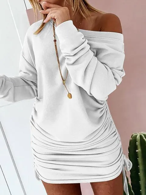 Big Round Neck Long-sleeved Drawstring Strappy Hip Dress