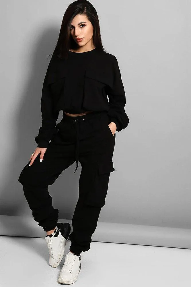 Black Exaggerated Front Pockets Cropped Top Tracksuit