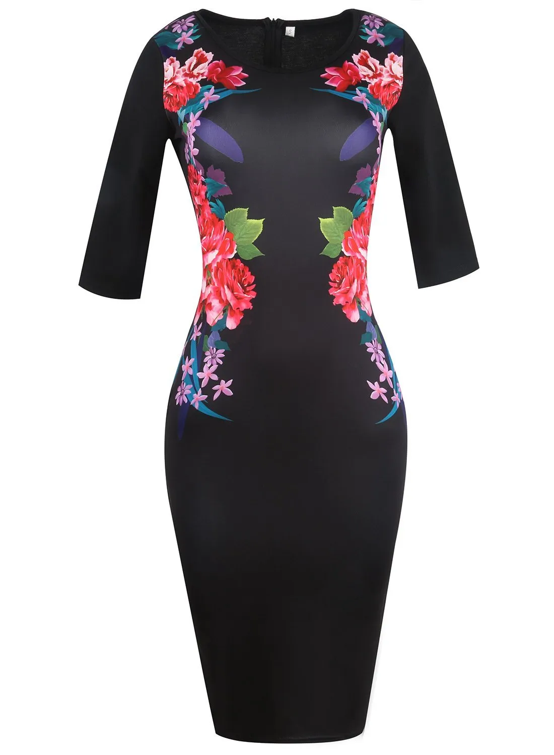 Black Floral Graphic Sheath Dress