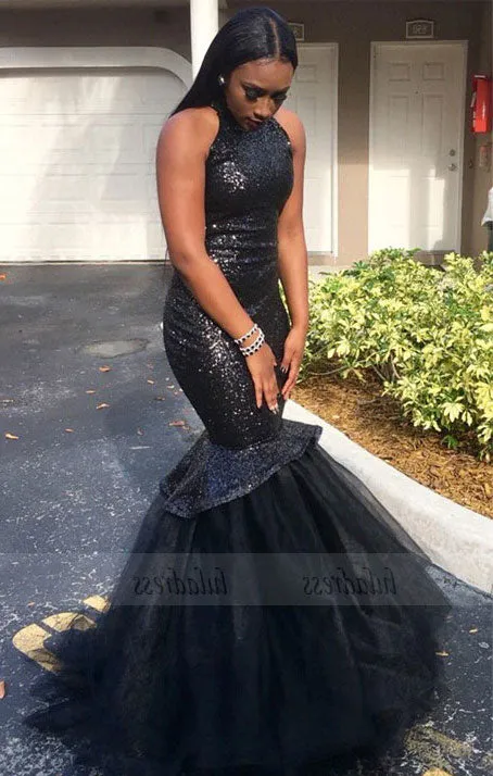 Black High-Neck Tulle Sexy Mermaid Sequins Gorgeous Sleeveless Prom Dress,BD99909