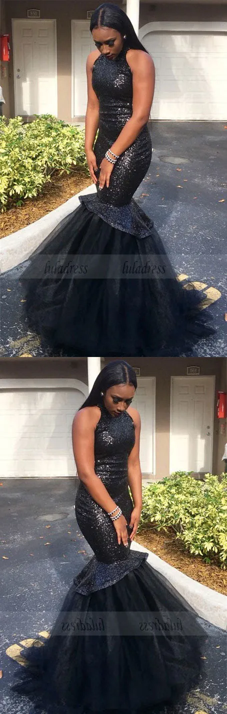 Black High-Neck Tulle Sexy Mermaid Sequins Gorgeous Sleeveless Prom Dress,BD99909