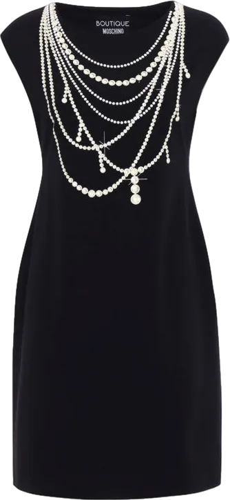 Black Moschino Boutique Pearl Necklace Print Crepe Dress UK 4