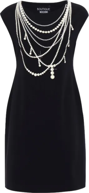 Black Moschino Boutique Pearl Necklace Print Crepe Dress UK 4