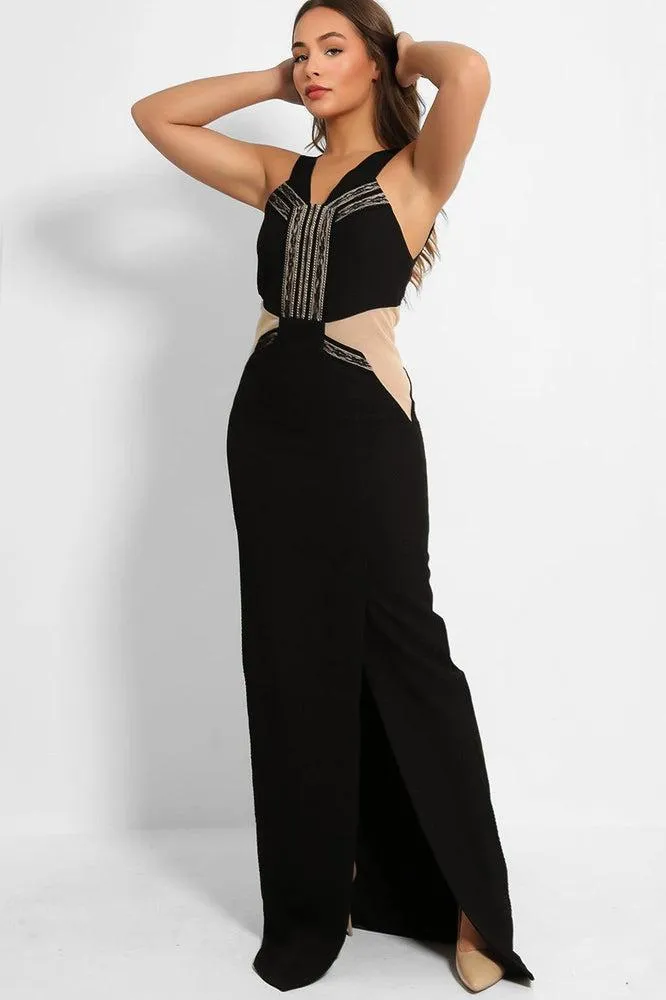 Black Nude Illusion Waist Maxi Dress