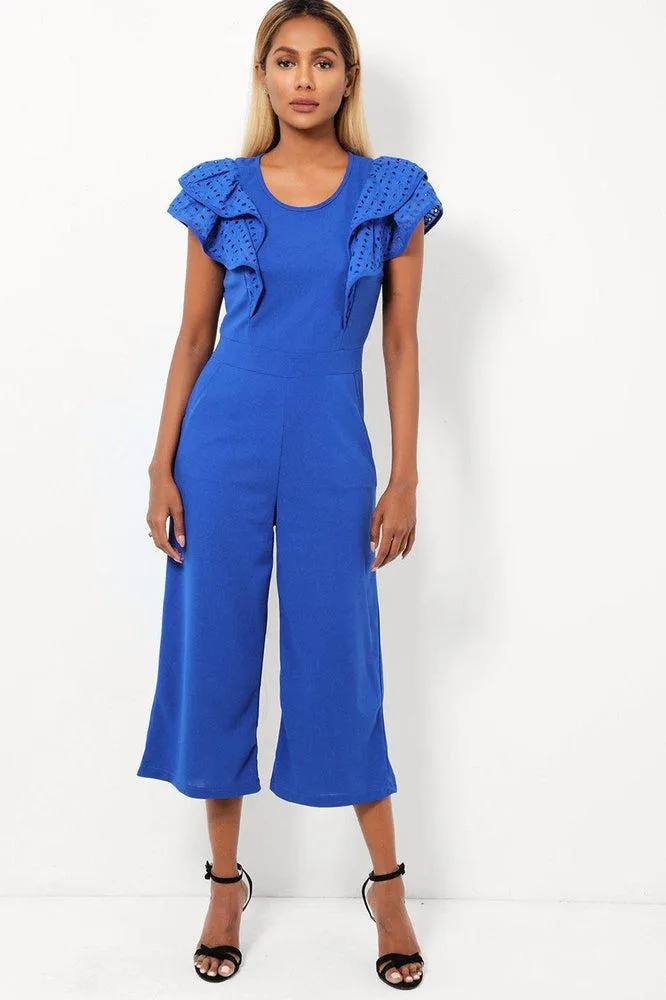 Blue Double Wing Sleeves Cropped Wide Leg Jumpsuit