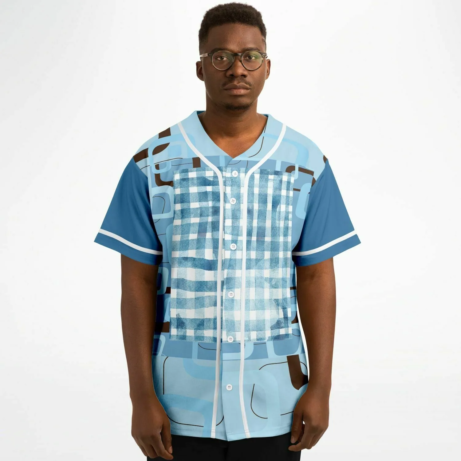 Blue Geo Patchwork Plaid Baseball Jersey