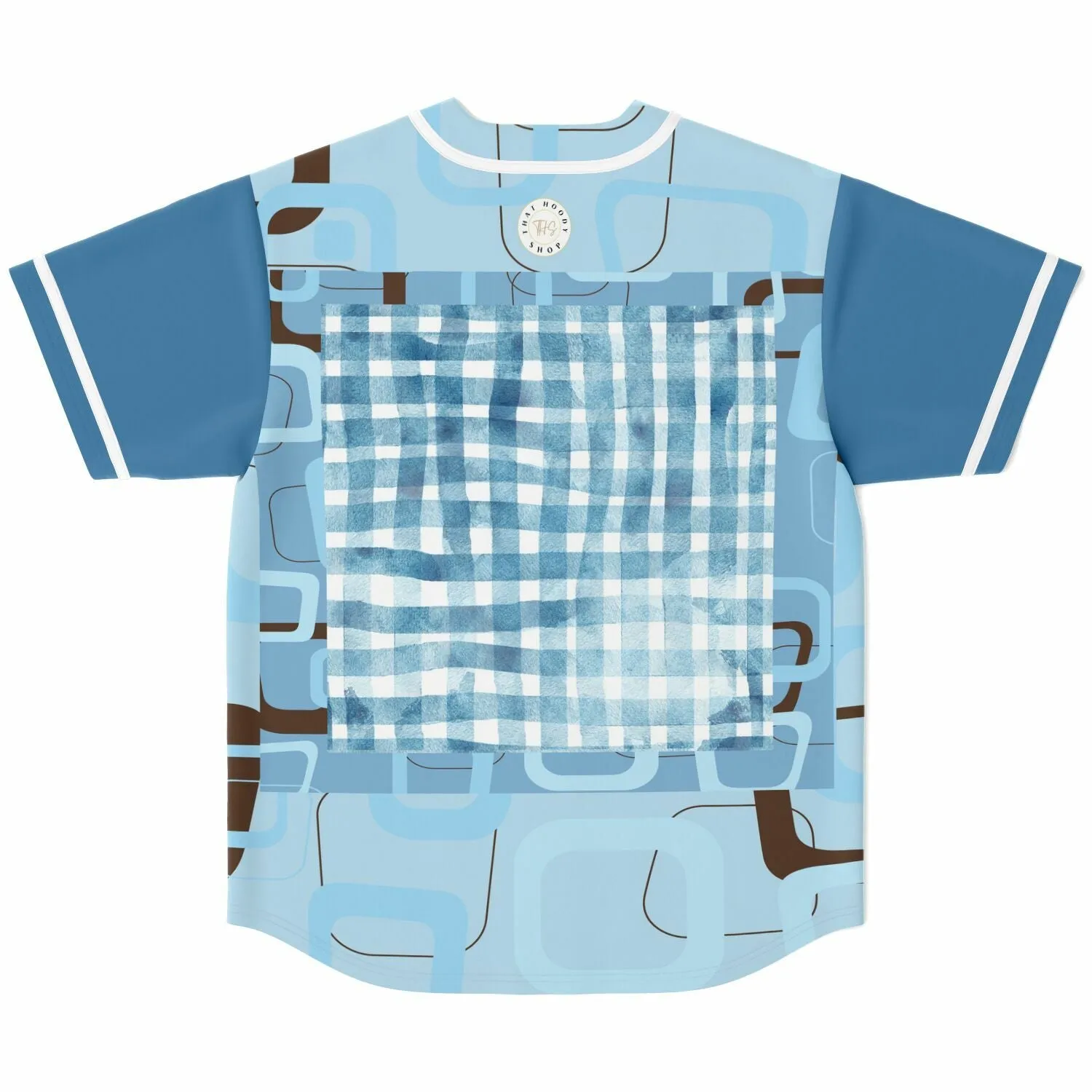 Blue Geo Patchwork Plaid Baseball Jersey