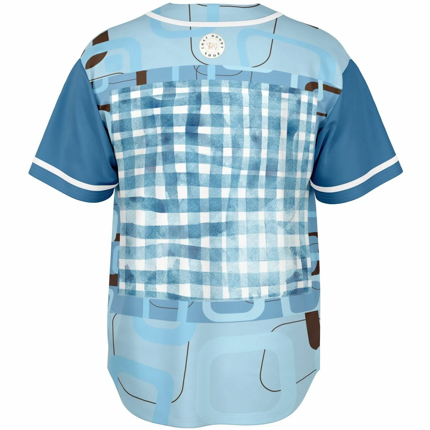 Blue Geo Patchwork Plaid Baseball Jersey