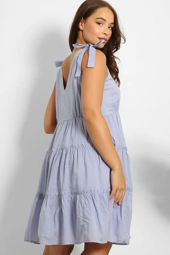 Blue Shoulder Ties Tiered Cotton Sun Dress