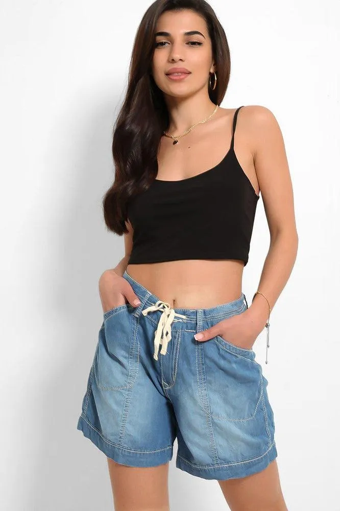 Blue Thin Denim Drawstring Waist Shorts