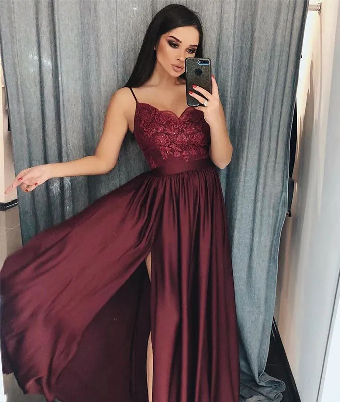 Burgundy lace long prom dress, burgundy bridesmaid dress