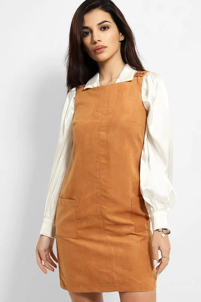 Camel Vegan Suede Button Details Sleeveless Pinafore Dress