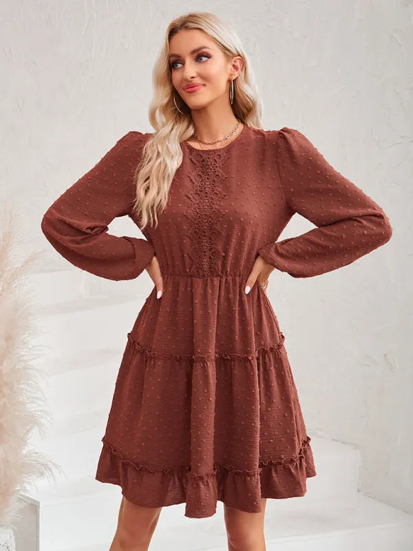 Casual round neck solid color waist lace dress