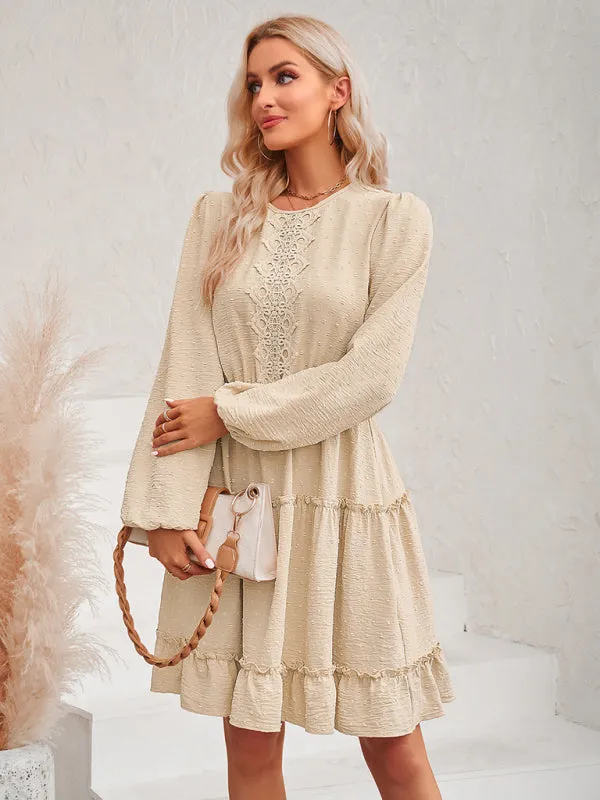 Casual round neck solid color waist lace dress