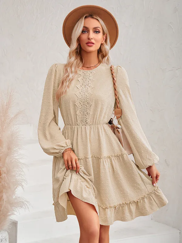 Casual round neck solid color waist lace dress