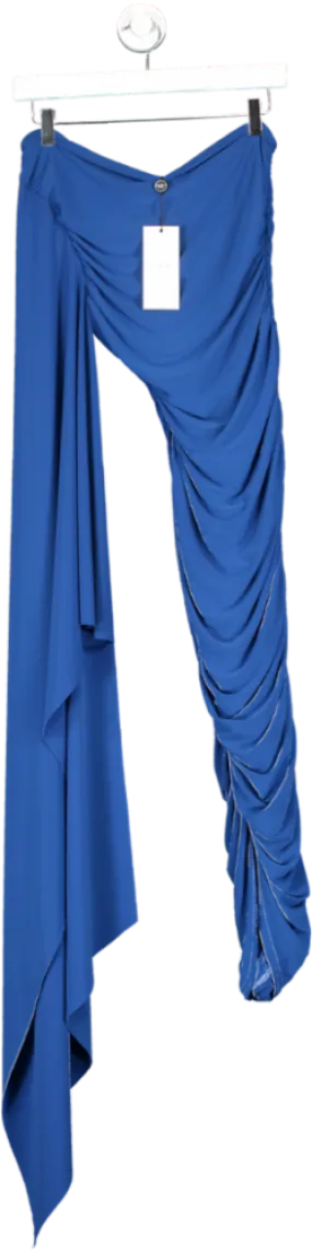 Club L Blue Halsey Royal Ruched Asymmetric Midi Dress With Cape Sleeve UK 8