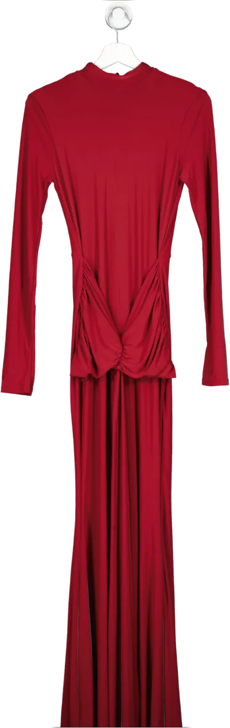 Club L Red Pietra - Berry High Neck Long Sleeve Knot Maxi Dress UK 8