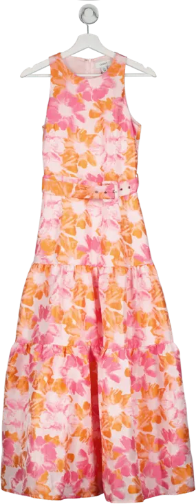 Coast Pink Belted Midi Dress With Frill Hem In Jacquard UK 8