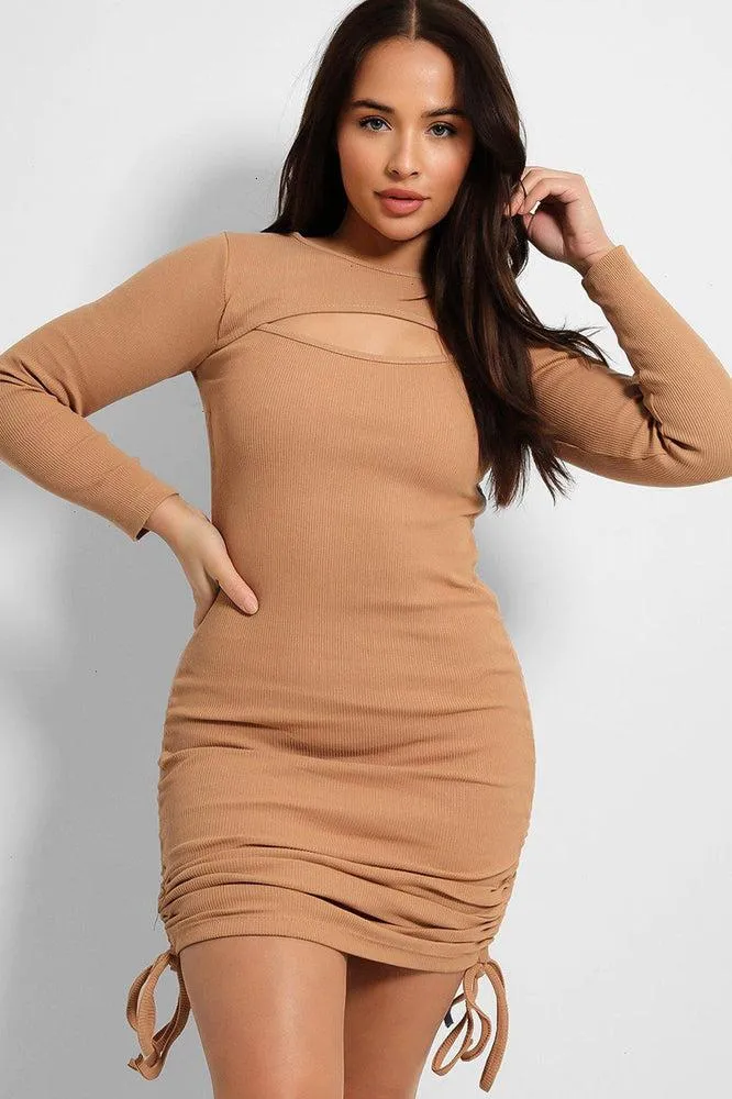 Cut Out Neckline Drawstring Sides Bodycon Dress