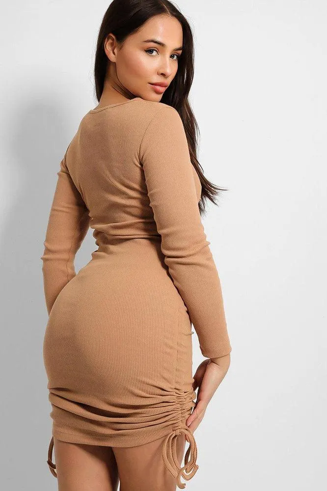 Cut Out Neckline Drawstring Sides Bodycon Dress