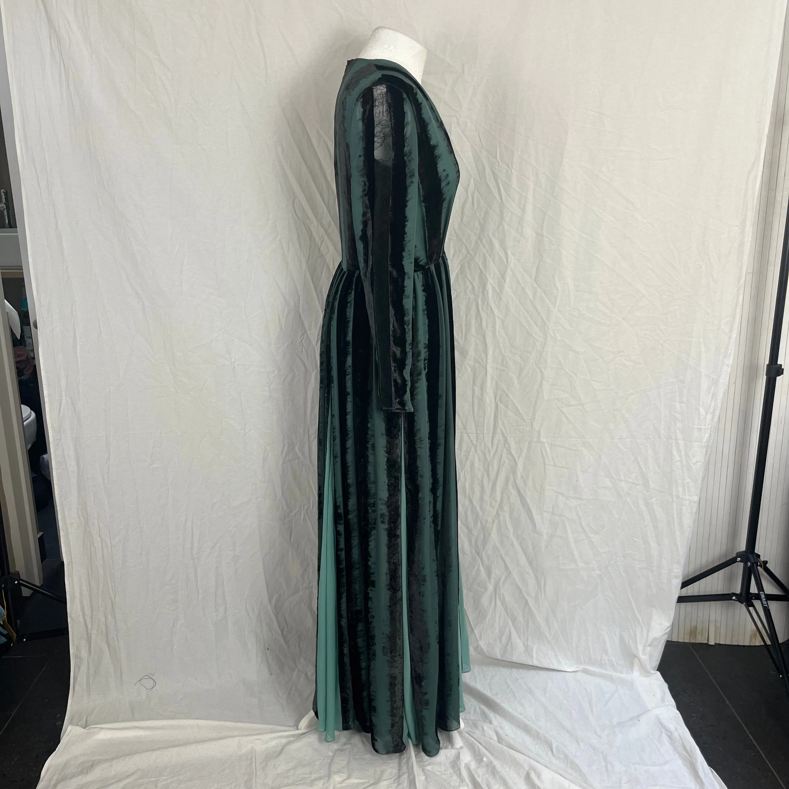 Elie Saab Sea Green & Black Velvet Maxi Dress XXS