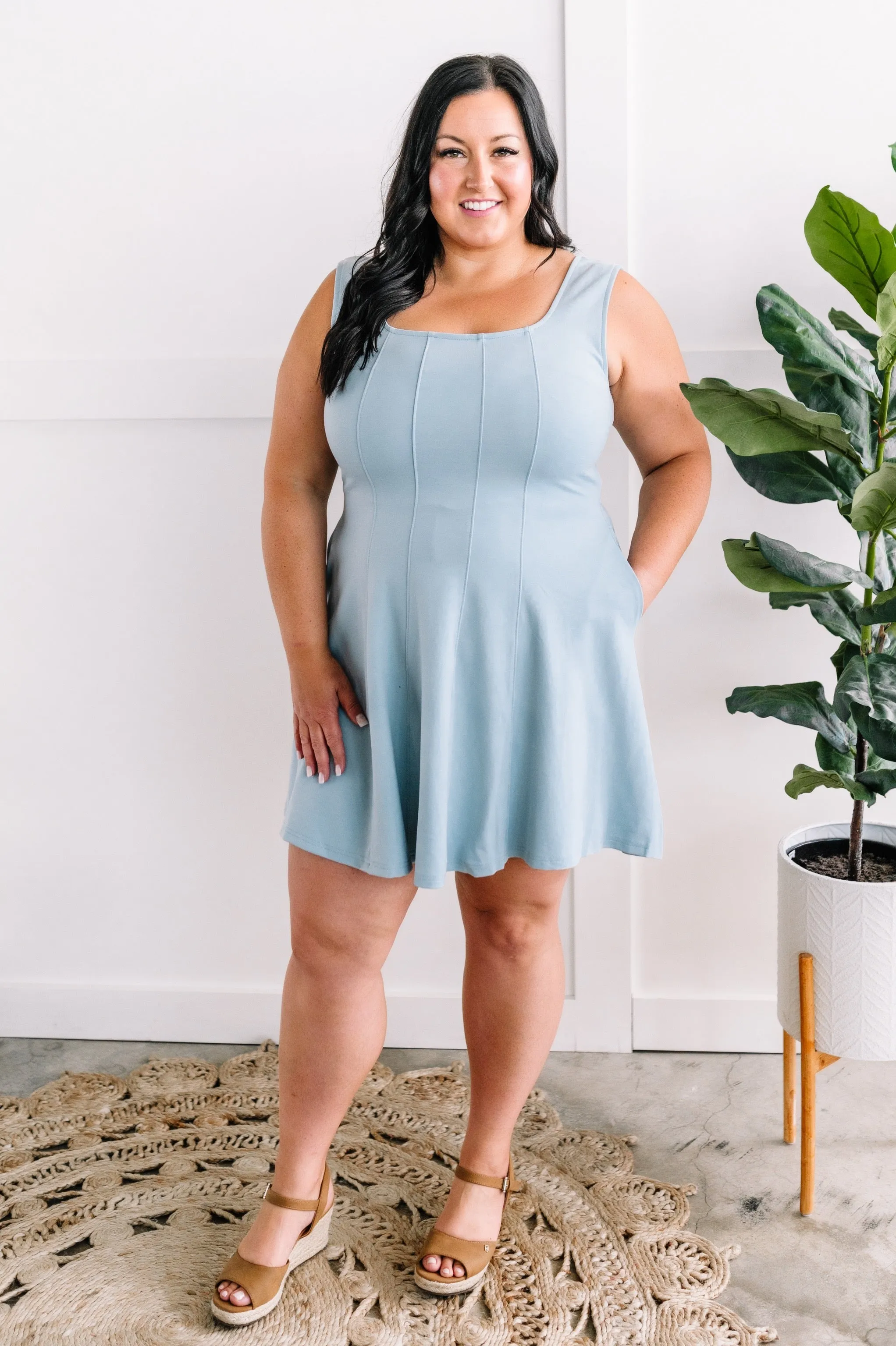 Fit & Flare Dress With Attached Shorts In Baby Blue