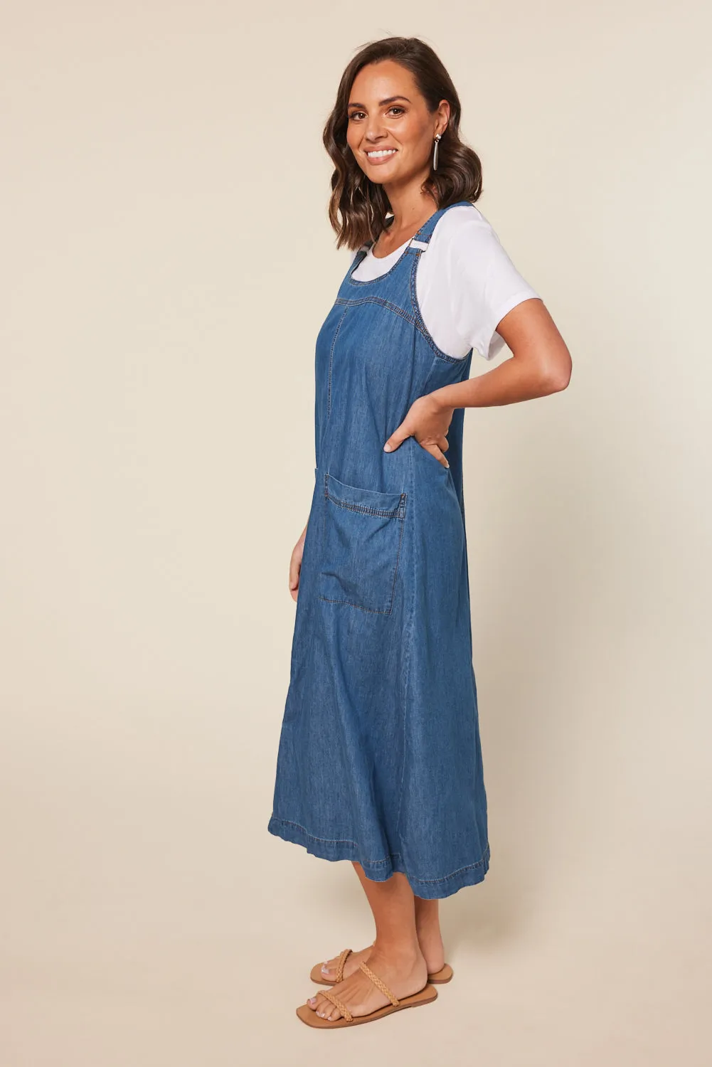 Francesca Pinafore Chambray Dress in Mid Wash