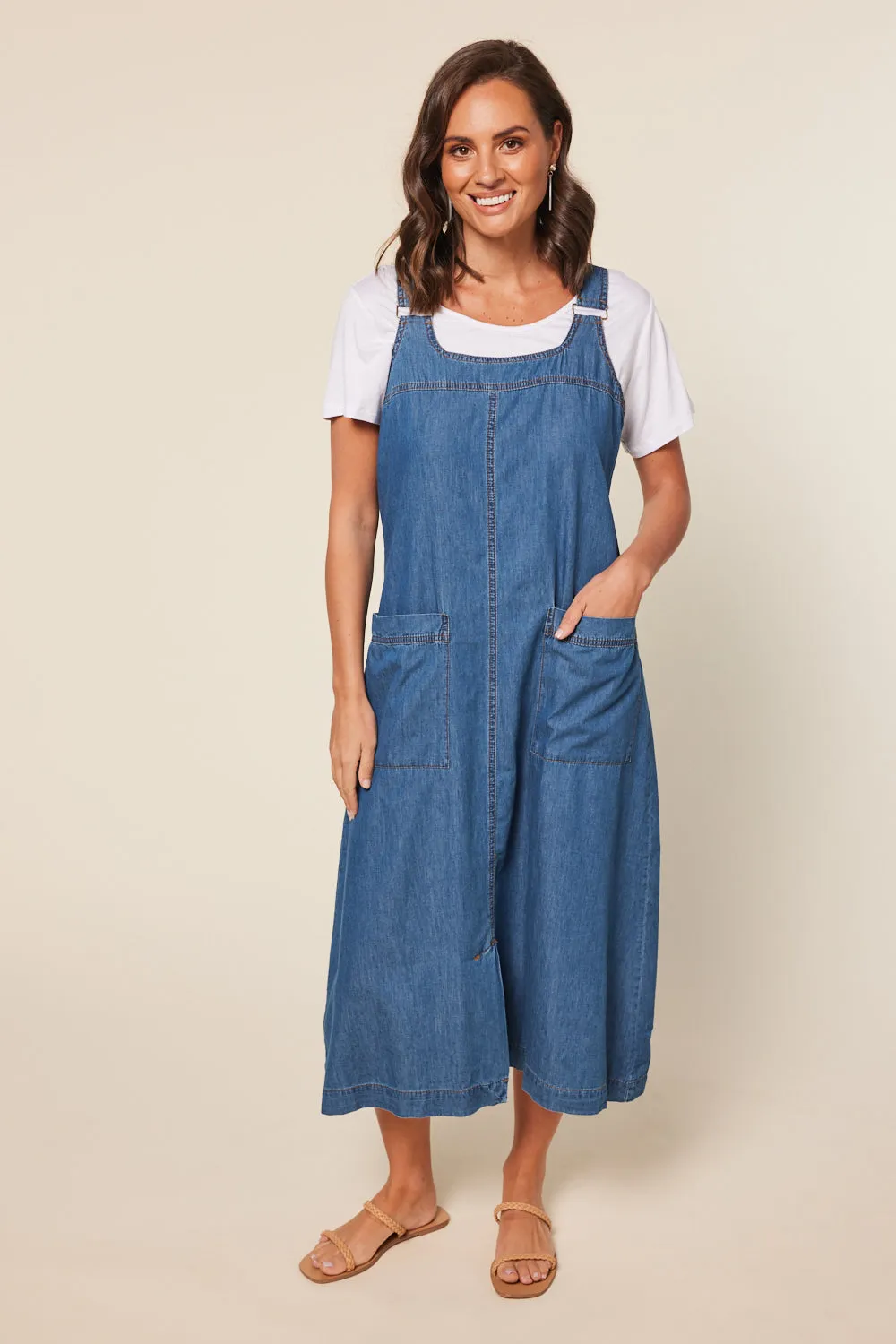 Francesca Pinafore Chambray Dress in Mid Wash