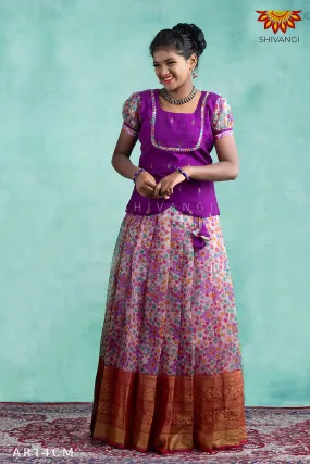 Girls Cream Organza Pen Kalamkari Pattu Pavadai