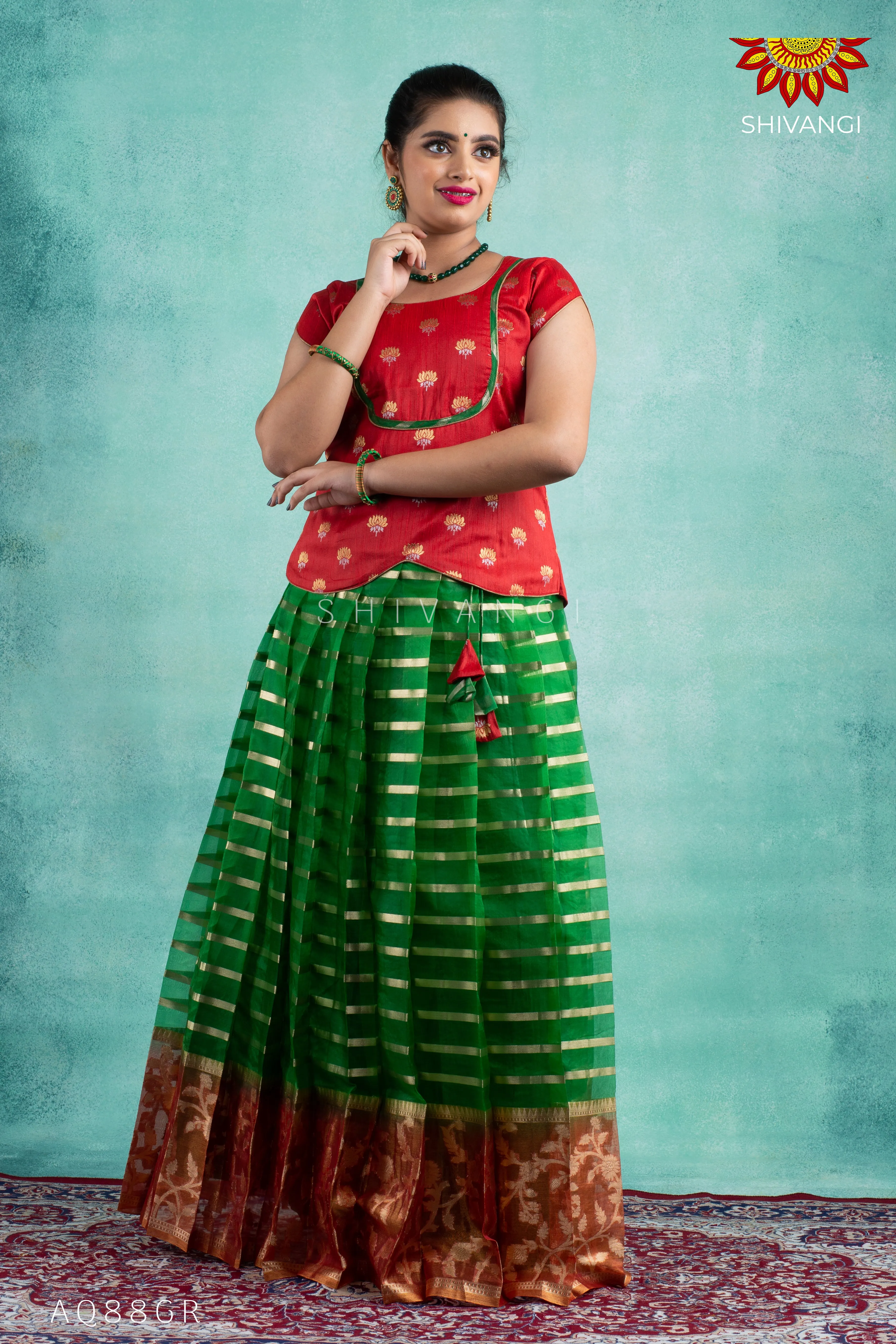 Girls Green Blue Meadow Pattu Pavadai