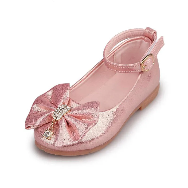 Girls Leather Princess Shoes Bowknot Pearl Diamond Kids Dance Shoes