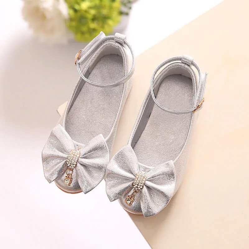 Girls Leather Princess Shoes Bowknot Pearl Diamond Kids Dance Shoes