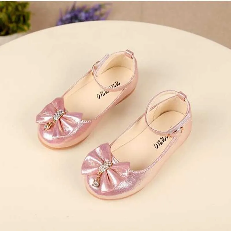 Girls Leather Princess Shoes Bowknot Pearl Diamond Kids Dance Shoes