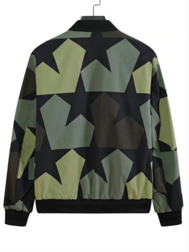 Green camo-Star Print Zip Up Multi Pockets Baseball jacket