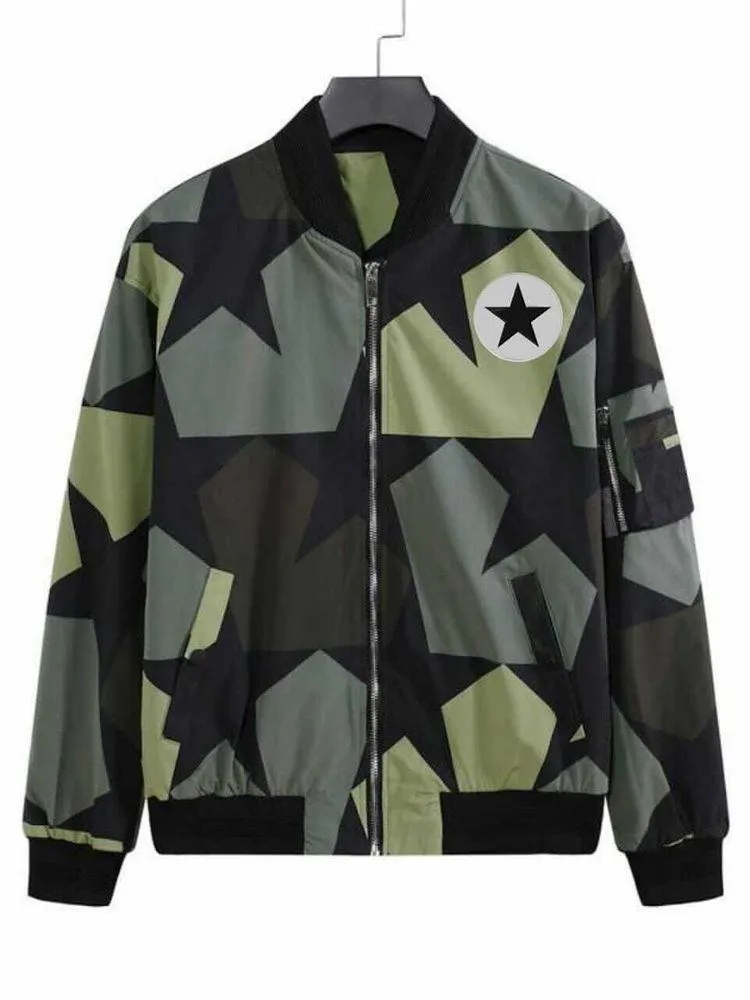 Green camo-Star Print Zip Up Multi Pockets Baseball jacket