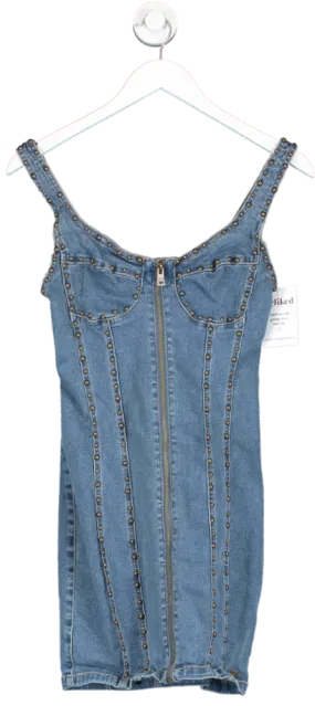 Guess Blue Zip Front Studded Denim Mini Dress UK S