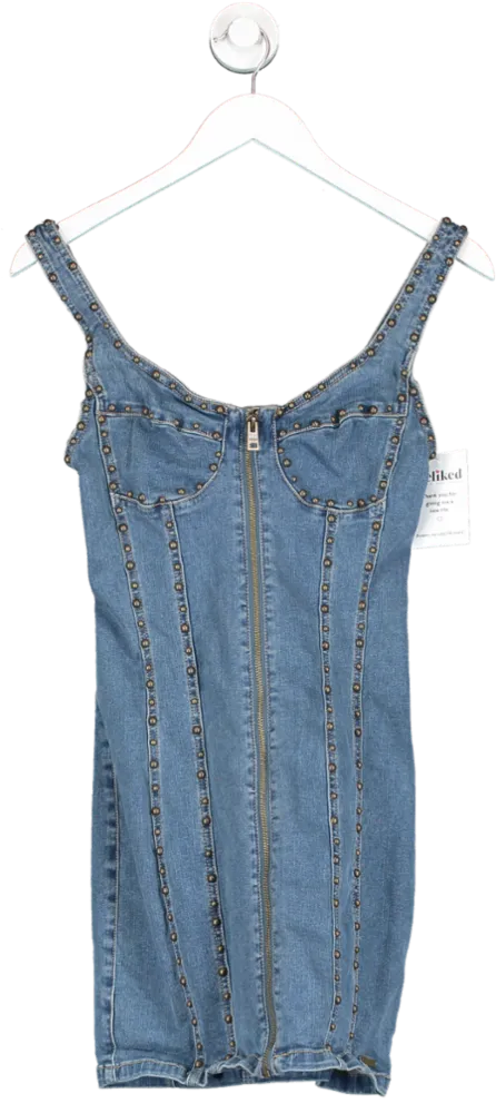 Guess Blue Zip Front Studded Denim Mini Dress UK S