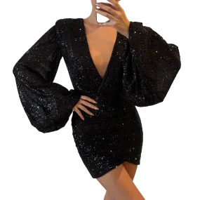 House of CB Black Sequin Balloon Sleeve Mini Dress UK XS